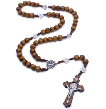 St. Benedict Cross Wood Rosary Handcrafted Pine