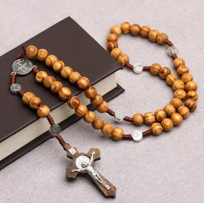 St. Benedict Cross Wood Rosary Handcrafted Pine